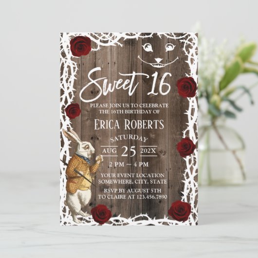 Alice im Wunderland Rustikales Stallholz Süß 16 Einladung (Stehend Vorderseite)