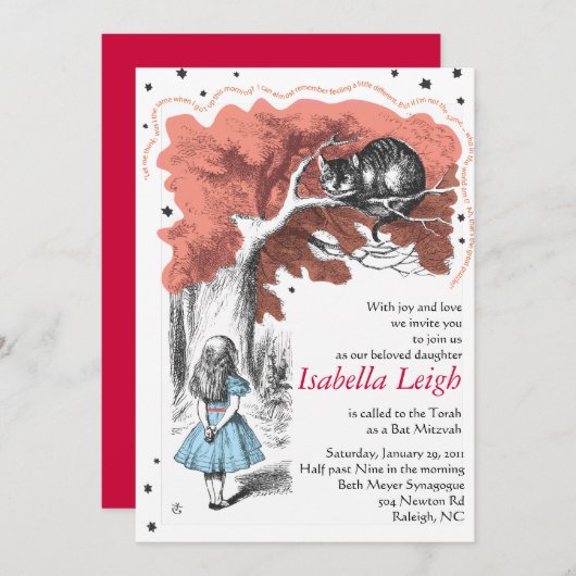 Alice im Wunderland-Schläger Mitzvah Einladung (Vorne/Hinten)