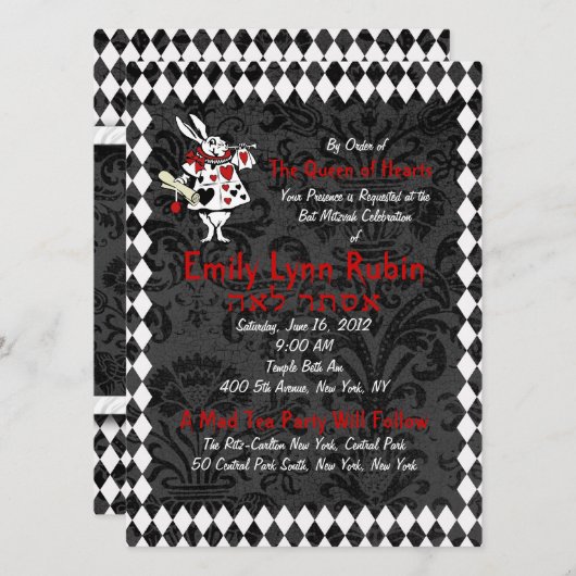 Alice im Wunderland Schwarze Party Einladung (Vorne/Hinten)