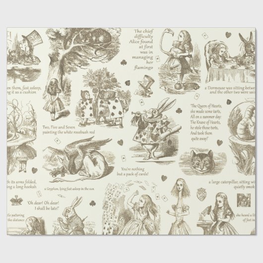 Alice im Wunderland Sepia Beige Toile Quotes Geschenkpapier (Flach)