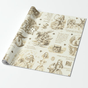 Alice im Wunderland Sepia Beige Toile Zitate Geschenkpapier