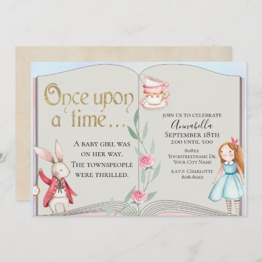 Alice im Wunderland Storybook Wasserfarbe Einladung (Vorne/Hinten)