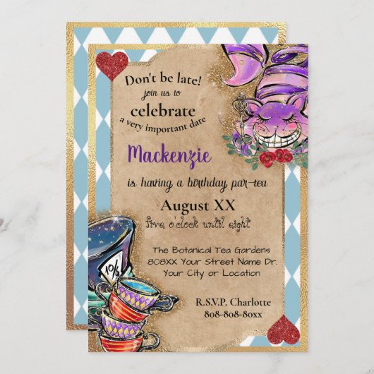 Alice im Wunderland Tea Party Einladung (Vorne/Hinten)