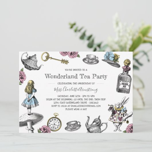 Alice im Wunderland Tea Party Polka Dots Einladung (Stehend Vorderseite)