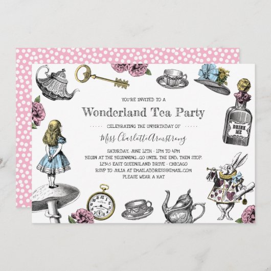 Alice im Wunderland Tea Party Polka Dots Einladung (Vorne/Hinten)