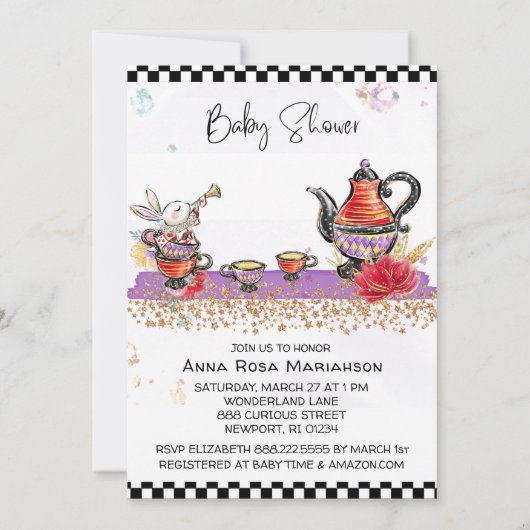 *~* Alice im Wunderland Tea Pot Rabbit Teebeete Einladung (Rückseite)