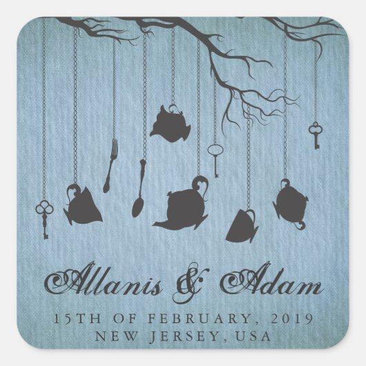 Alice im Wunderland Tee Party Hochzeitsticker Quadratischer Aufkleber (Vorderseite)