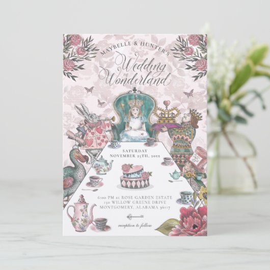 Alice im Wunderland Tee Party Märchenhochzeit Einladung (Stehend Vorderseite)