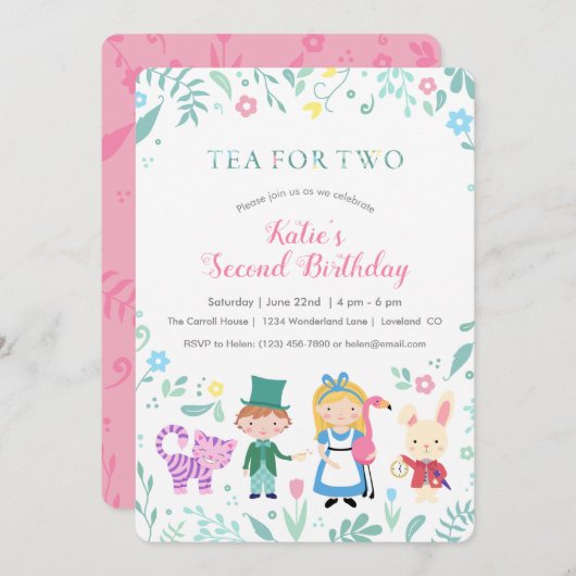 Alice im Wunderland Tee zum zweiten Geburtstag Einladung (Vorne/Hinten)