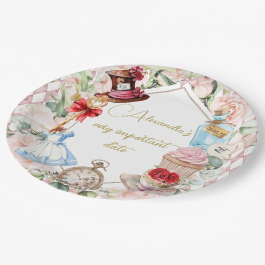 Alice im Wunderland Thema Floral Pink Persönlich Pappteller (Schrägansicht)