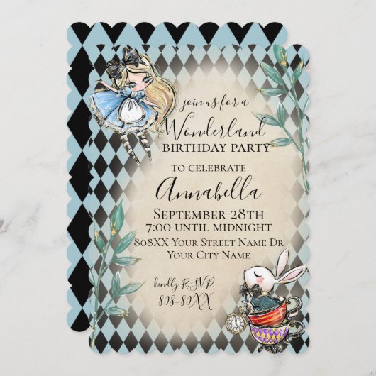 Alice im Wunderland Thema mit Weißkaninchen Einladung (Vorne/Hinten)