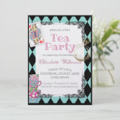 Alice im Wunderland Thema Tee Party in Aquamarin Einladung (Stehend Vorderseite)
