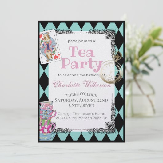 Alice im Wunderland Thema Tee Party in Aquamarin Einladung (Stehend Vorderseite)