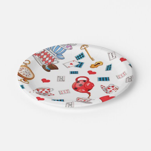 Alice im Wunderland-Themenmuster Pappteller (Schrägansicht)