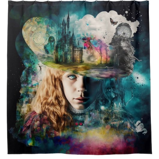 Alice im Wunderland | Uhr und City Skyline Duschvorhang (Vorderseite)