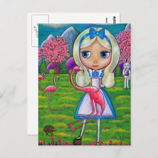 Alice im Wunderland und die Postkarte von Flamingo (Vorne/Hinten)