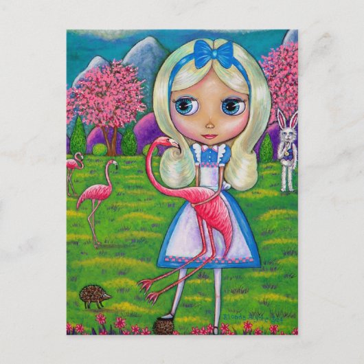 Alice im Wunderland und die Postkarte von Flamingo (Vorderseite)