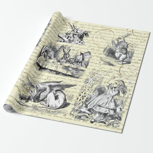 Alice im Wunderland Vintag Script Beige Geschenkpapier (Ungerollt)