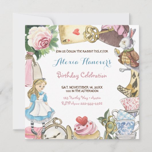 Alice im Wunderland Wasserfarbenes handgemaltes Ka Einladung (Vorderseite)