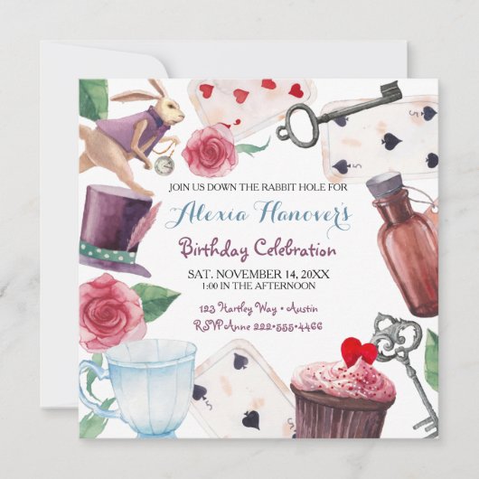 Alice im Wunderland Wasserfarbenes handgemaltes Ka Einladung (Vorderseite)