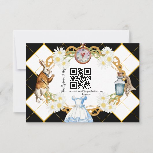 Alice im Wunderland Wedding qr Code RSVP Card (Vorderseite)