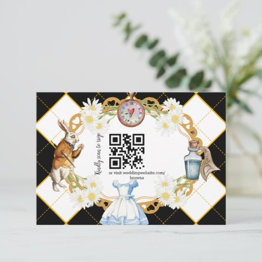 Alice im Wunderland Wedding qr Code RSVP Card (Stehend Vorderseite)