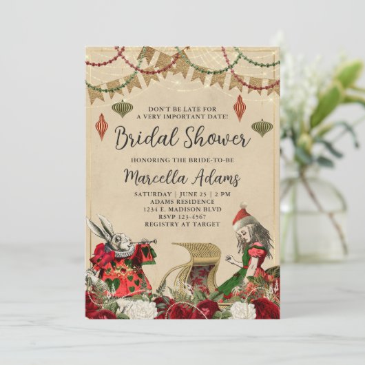 Alice im Wunderland Weihnachts-Brautparty Einladung (Stehend Vorderseite)