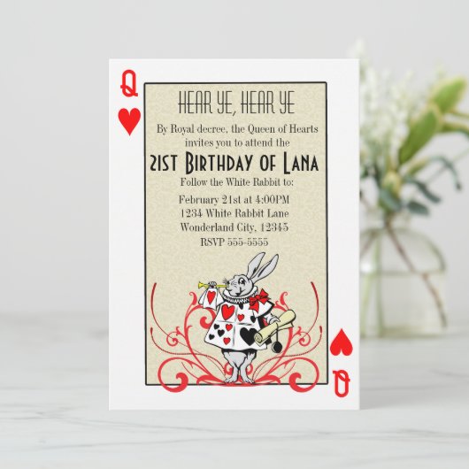 Alice im Wunderland Weiße Kaninchenkönigin Einladung (Stehend Vorderseite)