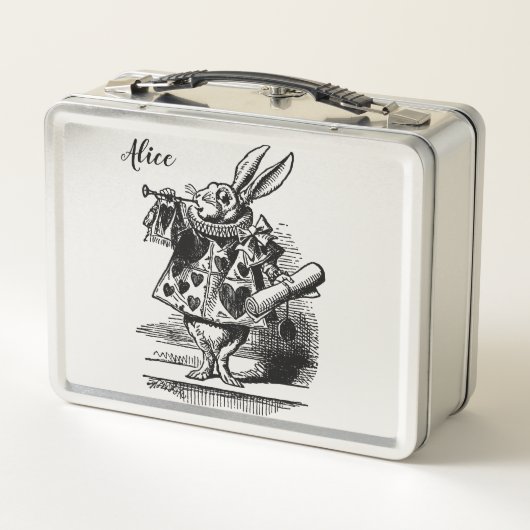Alice im Wunderland-weißes Kaninchen als Verkünder Metall Brotdose (Rückseite)