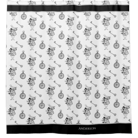 Alice im Wunderland Weißes Kaninchen Schwarzes Bad Duschvorhang (Vorderseite)