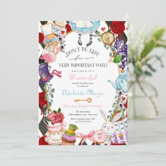 Alice im Wunderland Whimsical Children's Birthday Einladung (Stehend Vorderseite)