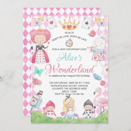 Alice im Wunderland Whimsical Geburtstag Einladung (Vorne/Hinten)