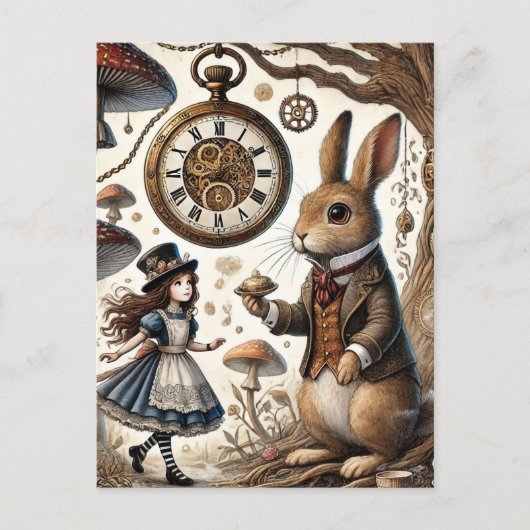Alice im Wunderland White Rabbit Tee Art Postkarte (Vorderseite)