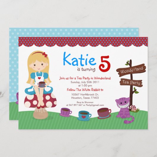 Alice im Wunderland zum Geburtstag Einladung (Vorne/Hinten)