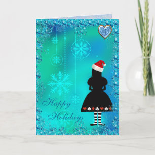 Alice im Wunderlandblaue Sequins-Weihnachtskarte Feiertagskarte