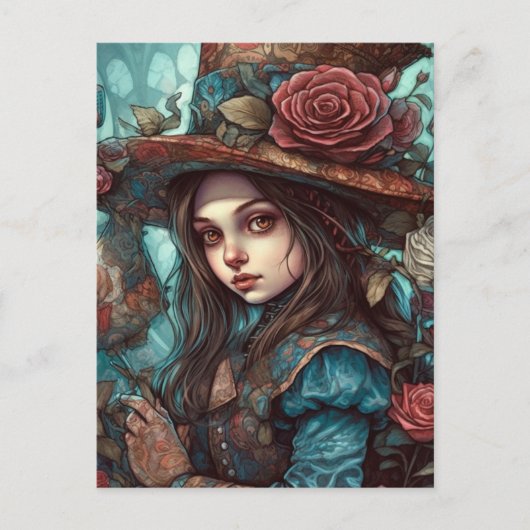 Alice in einem Top Hut mit Blume Postkarte (Vorderseite)
