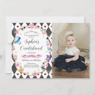 Alice in Onederland 1. Geburtstag Schwarzes Foto Einladung