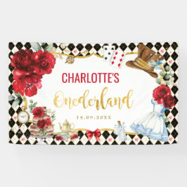 Alice in Onederland Birthday Black Red Gold Floral Banner