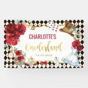 Alice in Onederland Birthday Black Red Gold Floral Banner
