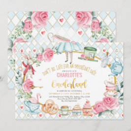 Alice in Onederland Blue Pink Birthday Tea Party Einladung