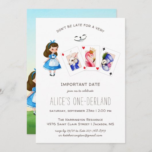 Alice in ONEderland Geburtstag Whimsical Tea Party Einladung (Vorne/Hinten)