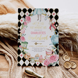 Alice in Onederland Mad Tea Party 1. Geburtstag Folieneinladung