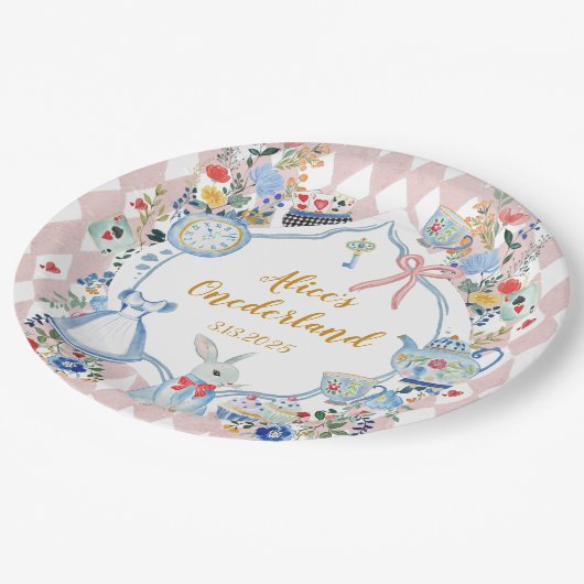 Alice in Onederland Whimsical Birthday Pappteller (Schrägansicht)