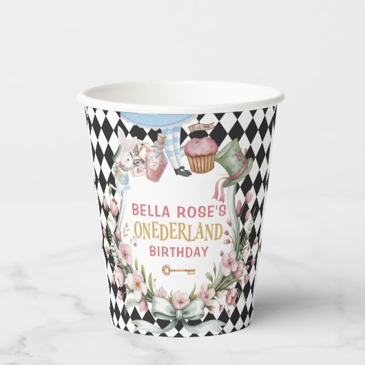 Alice in Wonderland Flower Frame  1st birthday Pappbecher (Vorderseite)