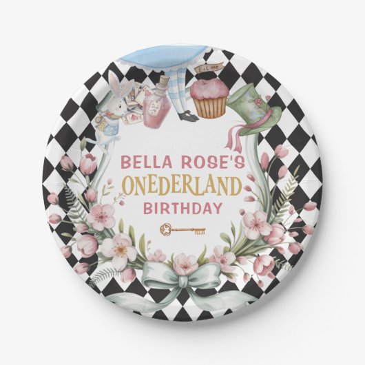 Alice in Wonderland Flower Frame 1st birthday Pappteller (Vorderseite)