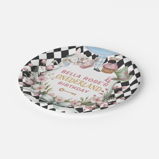 Alice in Wonderland Flower Frame 1st birthday Pappteller (Schrägansicht)