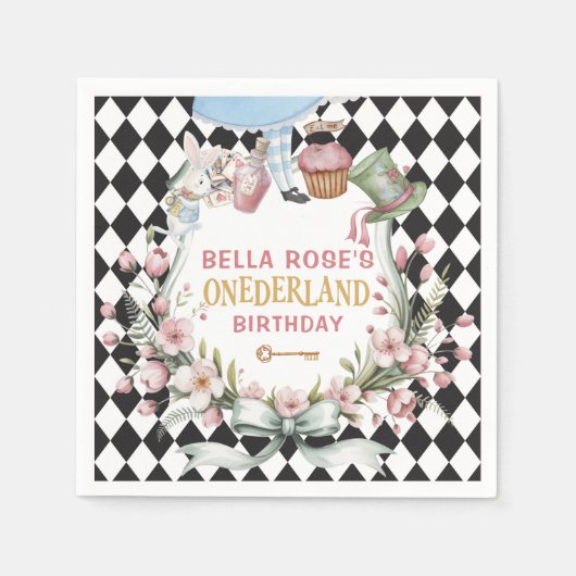 Alice in Wonderland Flower Frame 1st birthday Serviette (Vorderseite)