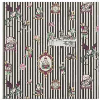 Alice in Wonderland on Black and Cream Striped  Stoff