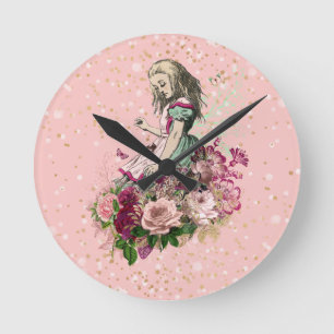 Alice in Wonderland on Pink and Gold Glitter Runde Wanduhr