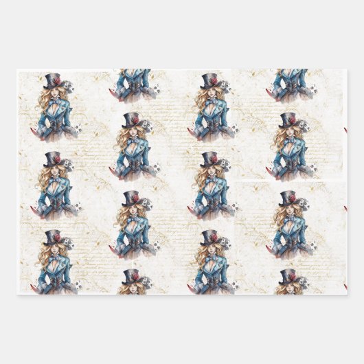 Alice, Mad Hatter und Weißes Kaninchen Geschenkpapier Set (Vorderseite)